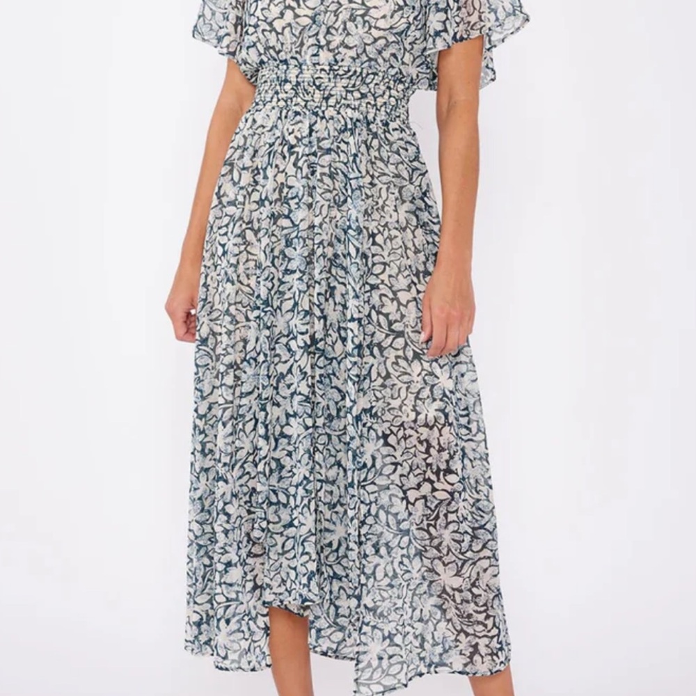 Lovestitch Enchanted Garden. Green and White Flutter Sleeve Midi Sundress.